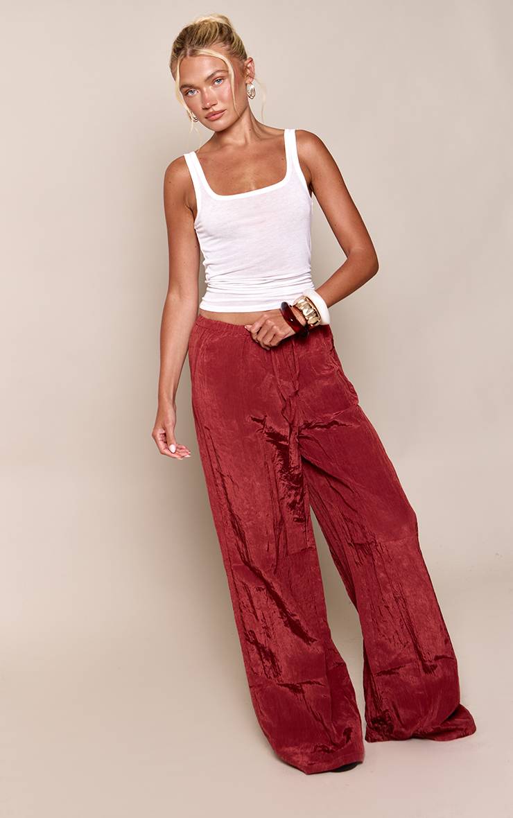 Rouille Pantalon Taille Basse En Satin Froissé Avec Cordon De Serrage