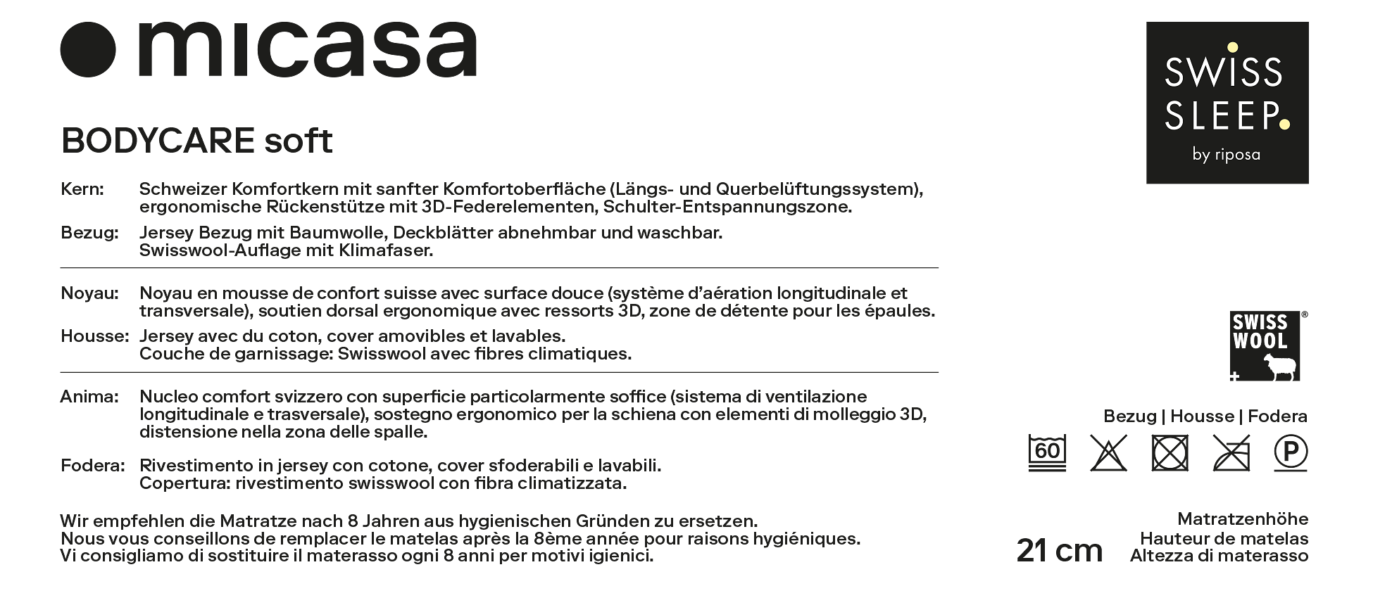 SwissSleep by riposa BODYCARE soft Matratze - 220.0 cm x 90.0 cm