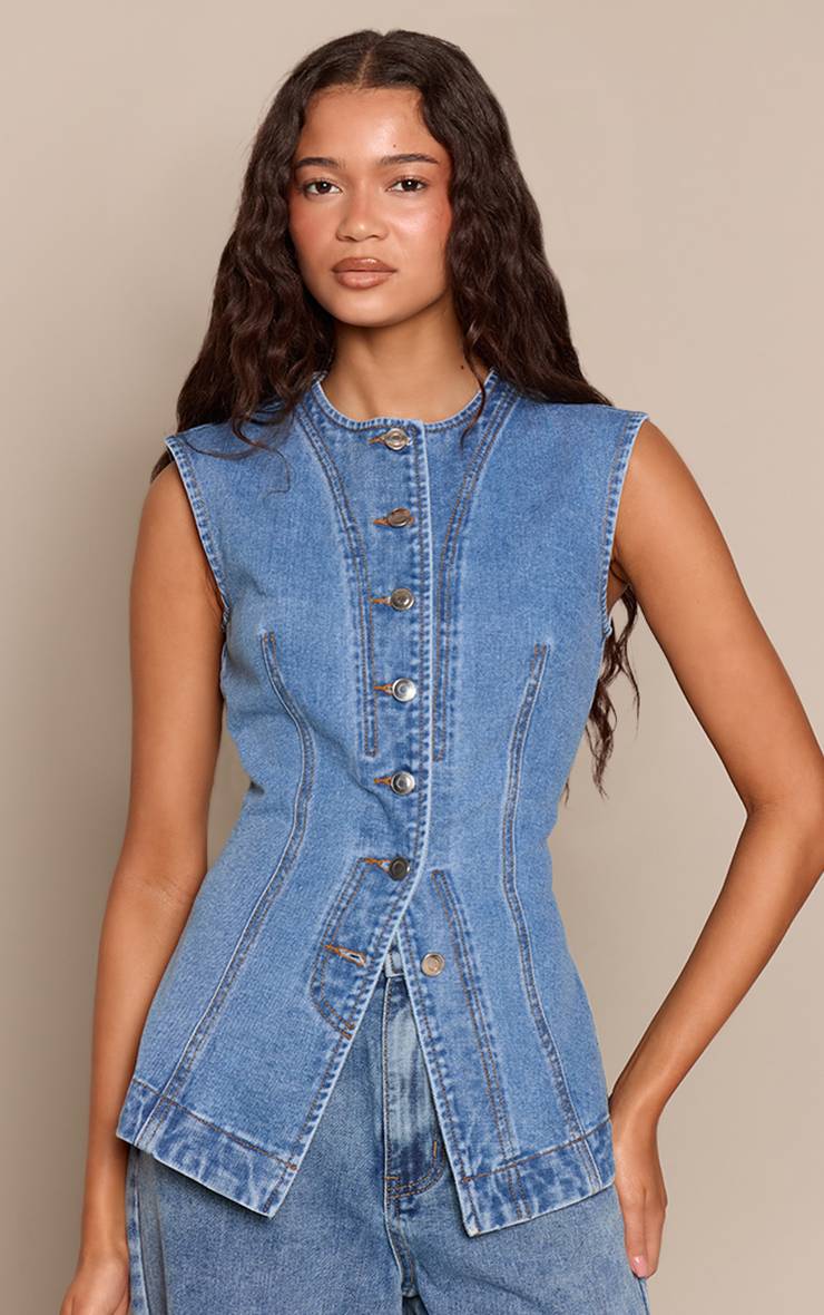 Mid Blue Wash Haut En Denim Sans Manches Long