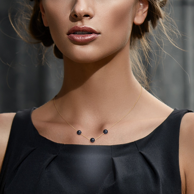 Collier Ras du Cou Femme Chaine Forcat Or jaune 750/1000 et 3 Perles de Culture Noires
