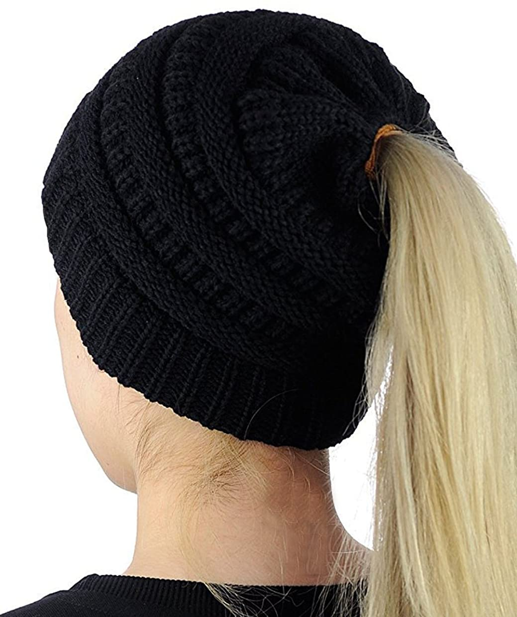 Damen Strickmütze mit Zopfloch Winter Mütze für Pferdeschwanz   Zöpfe (One Size) - Beige