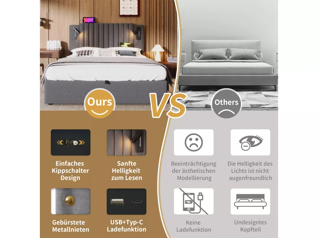 Lit coffre 160 x 200 cm avec tête de lit - Prises USB et lampe de lecture - Tissu en coton - motif rivet - Gris (sans matelas)