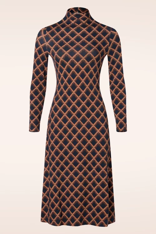 Surkana Gracie perkins midi jurk in bruin en donkerblauw