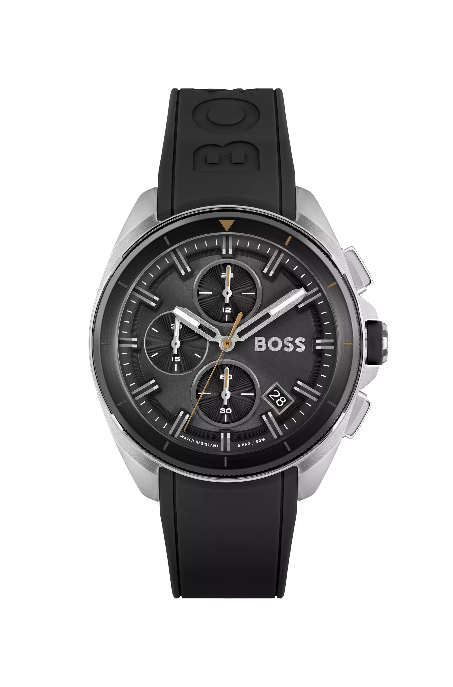 Relógio cronógrafo BOSS com mostrador laranja e preto e pulseira de silicone preta.