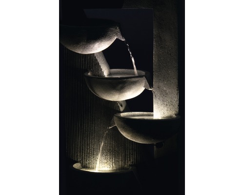 Tuinfontein met LED's en 4 kommen, 40 x 25 x 92 cm, kunststeen grijs, inclusief slang en pomp.