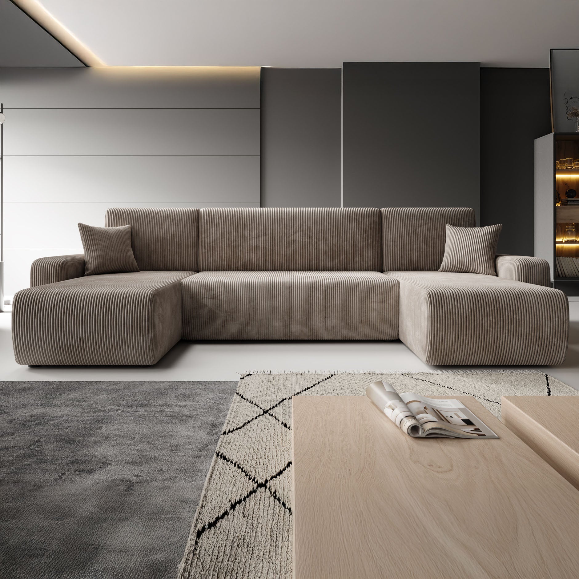 Prudence U - Hoekbank 4-zits met chaise longue - Ribstof bruin - Universeel