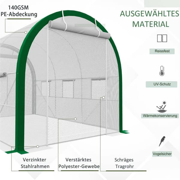 Foliedrivhus 3,58 x 2,1 x 2,1 m tunneldrivhus med rulledør for hage og balkong, galvanisert stål, hvit