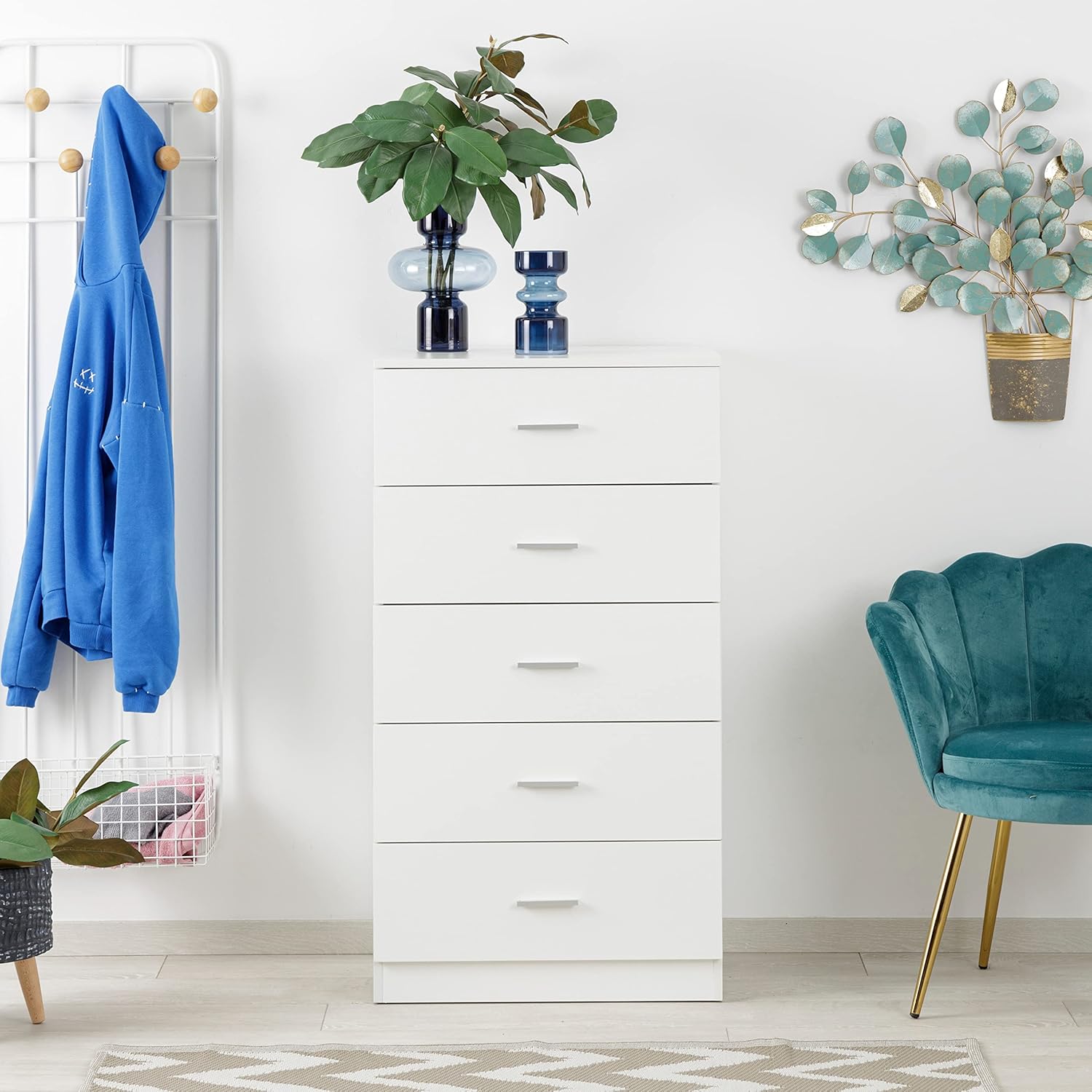 Baroni Home Kommode 5 Schubladen aus Melamin, Schrank für Schlafzimmer oder Wohnzimmer, moderner weißer Schrank 60x40x110 cm