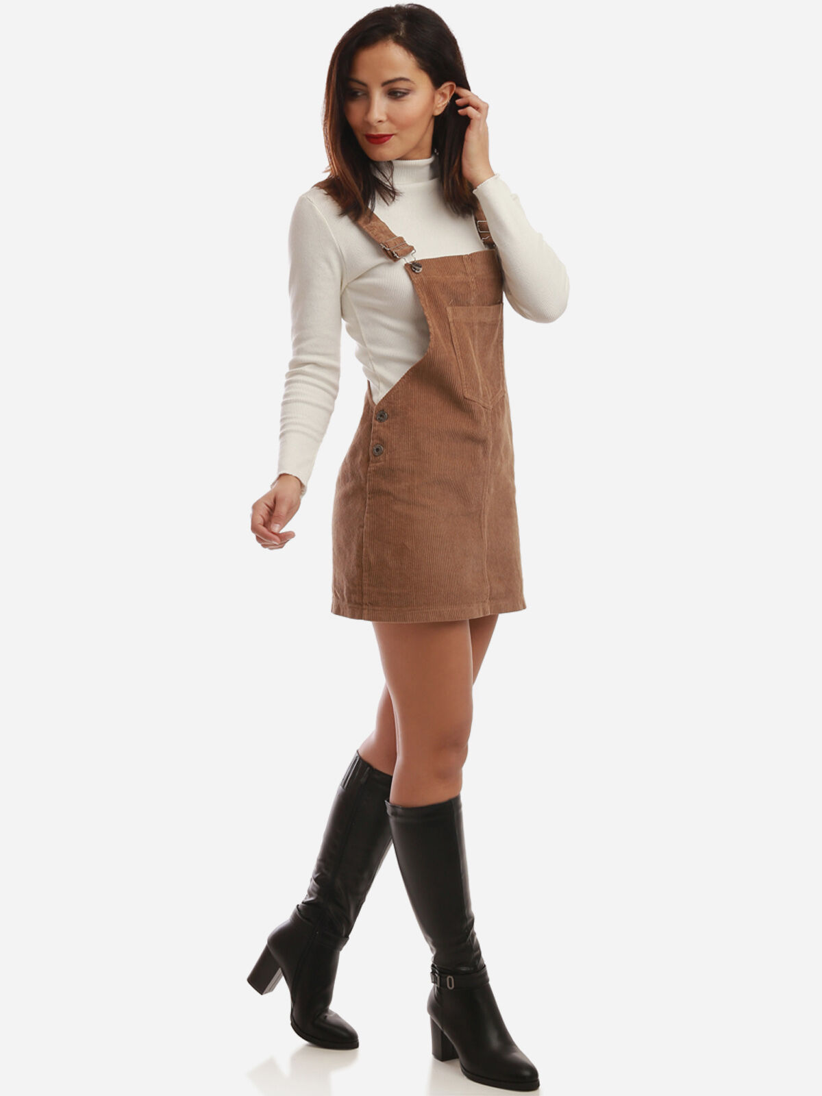 Robe salopette en velours côtelé- Camel