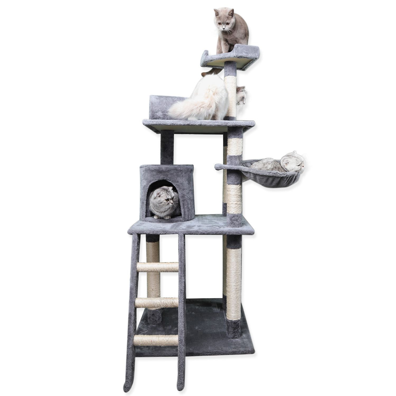 Árvore para Gatos Nobleza Deluxe com Múltiplas Plataformas, Poste de Sisal, Toca para Descanso e Rede. Cinza e Bege. (59*59*156)cm