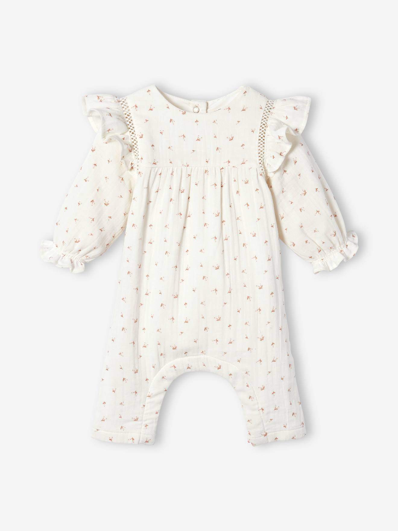 Macacão de chiffon de algodão cru com babados para bebê