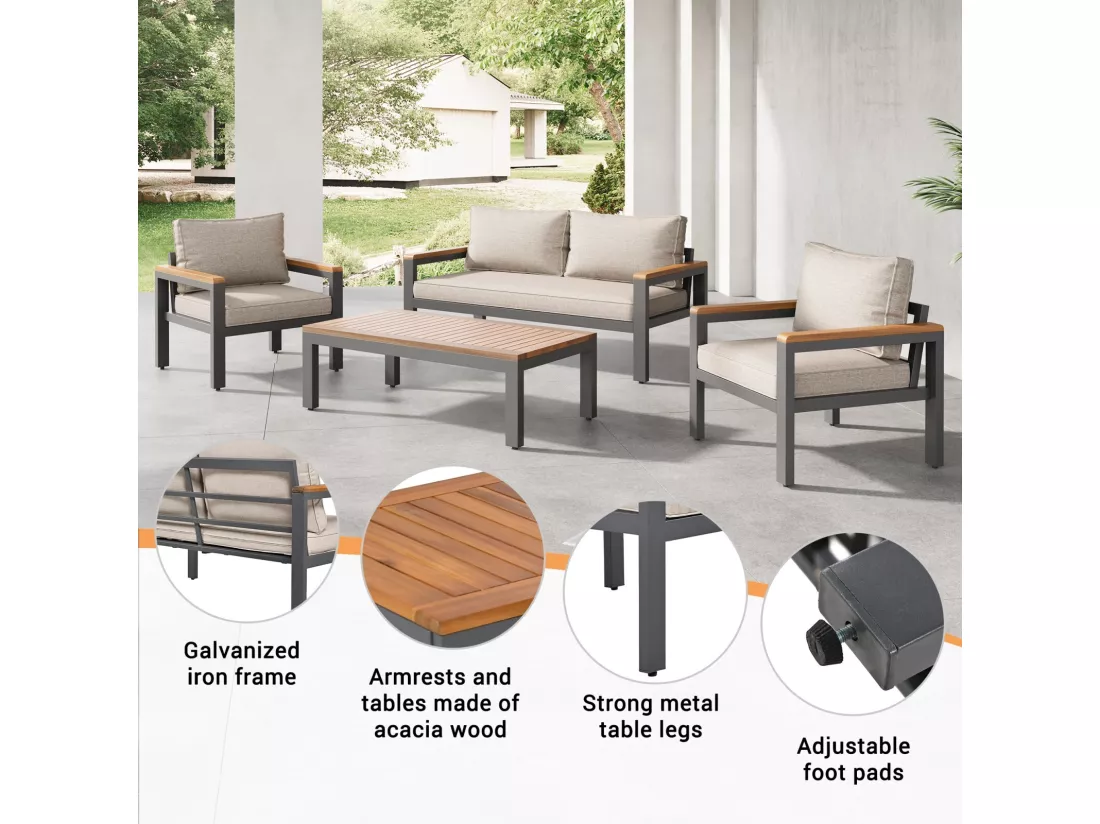 Salle à manger de jardin en acier galvanisé, 4 places, table et accoudoirs acacia en bois, chaises pieds réglables, Beige