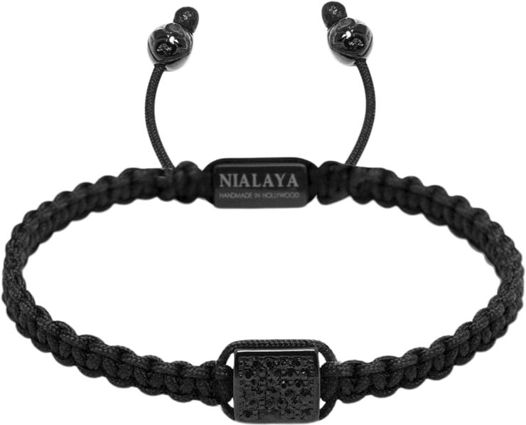 Nialaya Men's Black String Bracelet with Black CZ Flatbead Black
