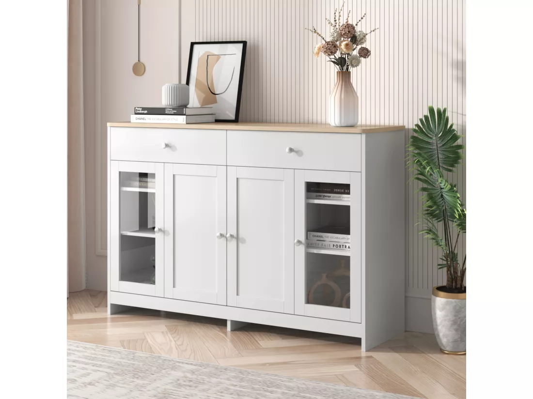 Buffet en bois blanc veiné 120 Lx37 Bx80H(cm) - Buffet avec 4portes avec verre et 2 tiroir pour cuisine, salon, salle à manger - Blanc