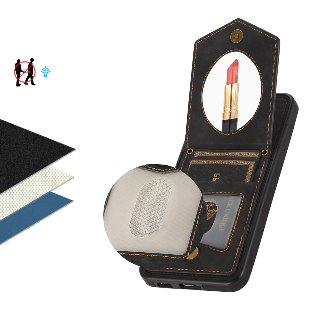 Samsung Galaxy S23 5G Necklace Leder Hülle im Litchi Look mit Spiegel (RFID Schutz) - Schwarz