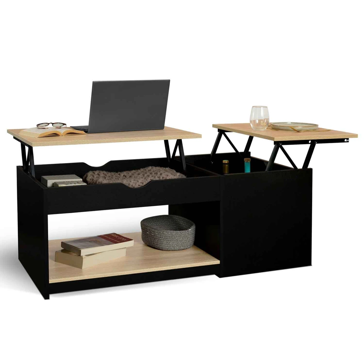 Table basse 2 plateaux relevables rectangulaire EYLA avec coffre bois noir et façon hêtre
