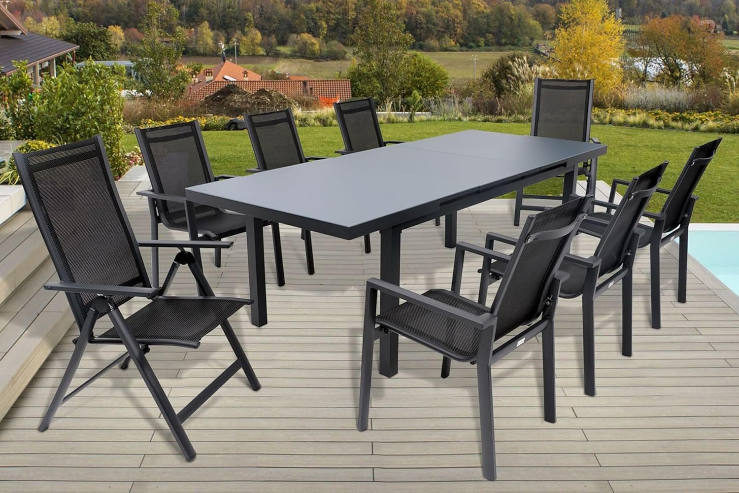 OUTFLEXX Premium Garten-Essgruppe, anthrazit matt, Alu/Textilene, Tisch 180/240x100cm, 6 Stapel-, 2 Klappstühle
