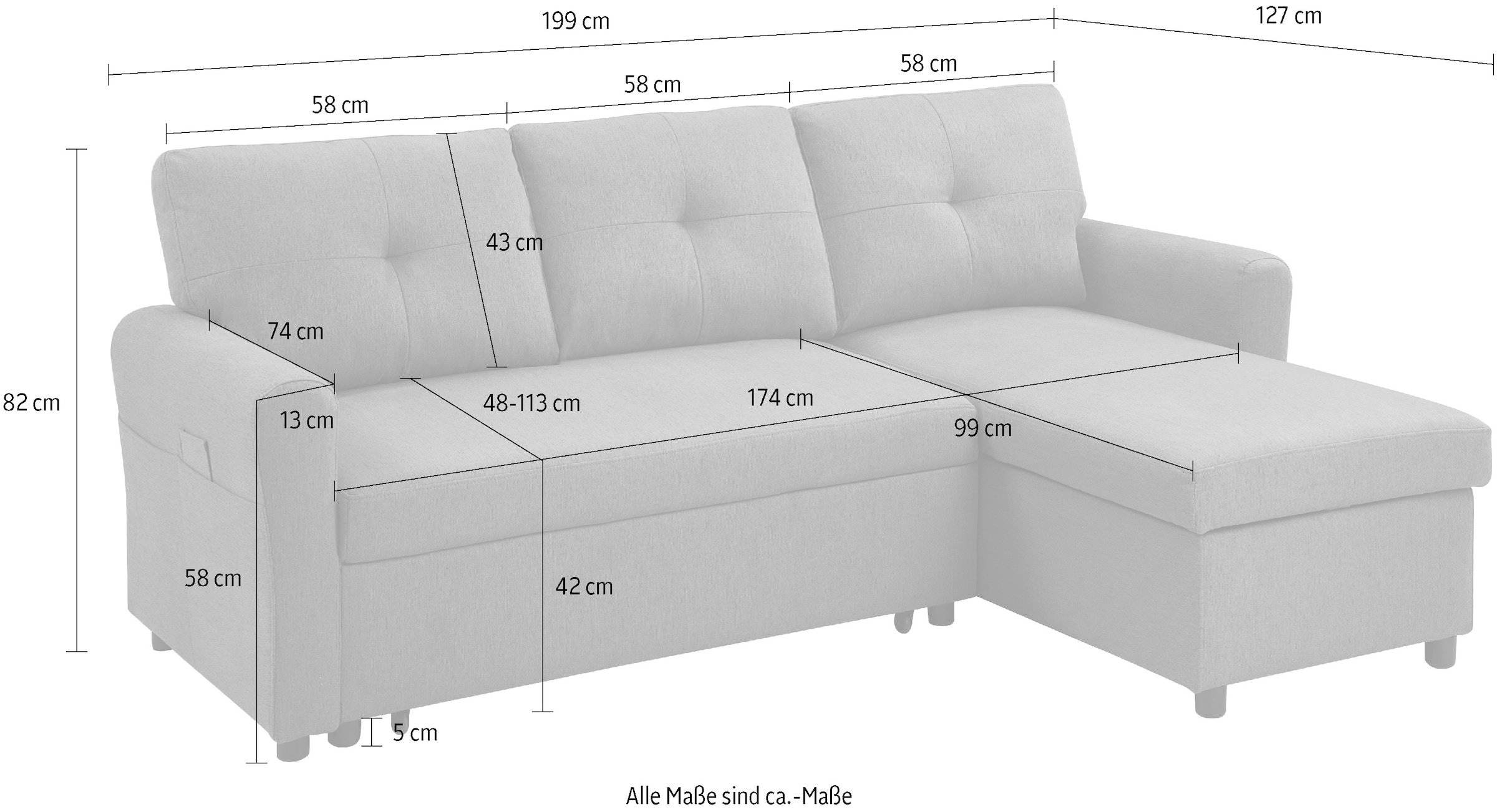 ATLANTIC home collection Schlafsofa »Gustavo L-Form, B: 199 cm« mit Bettfunktion, Bettkasten & seitlichen Taschen