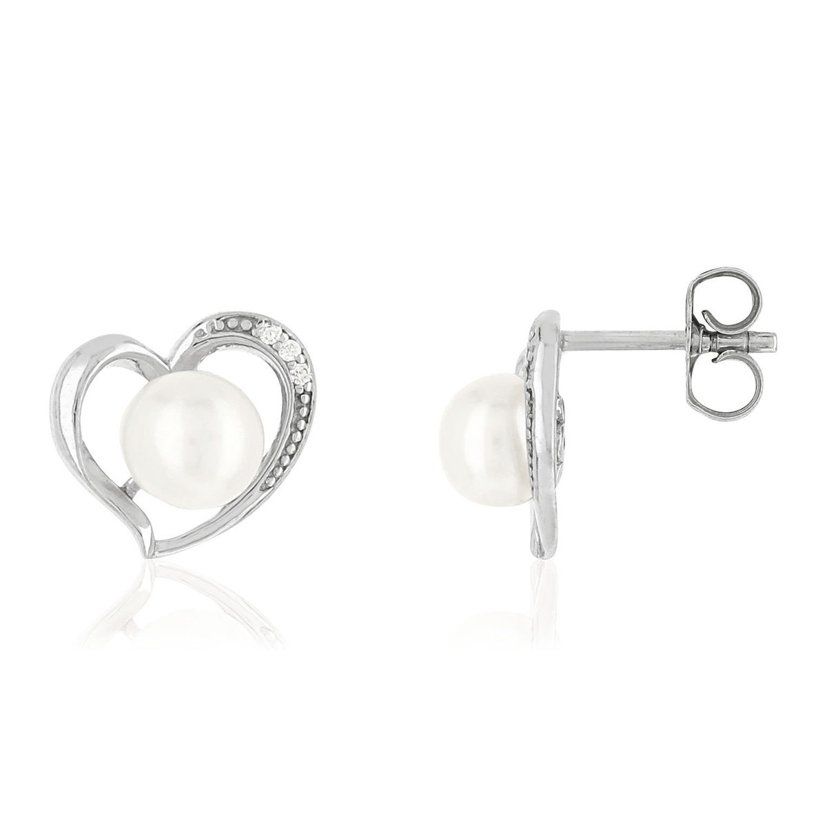 Boucles d'oreilles argent 925 coeurs perles de culture de Chine et zirconias