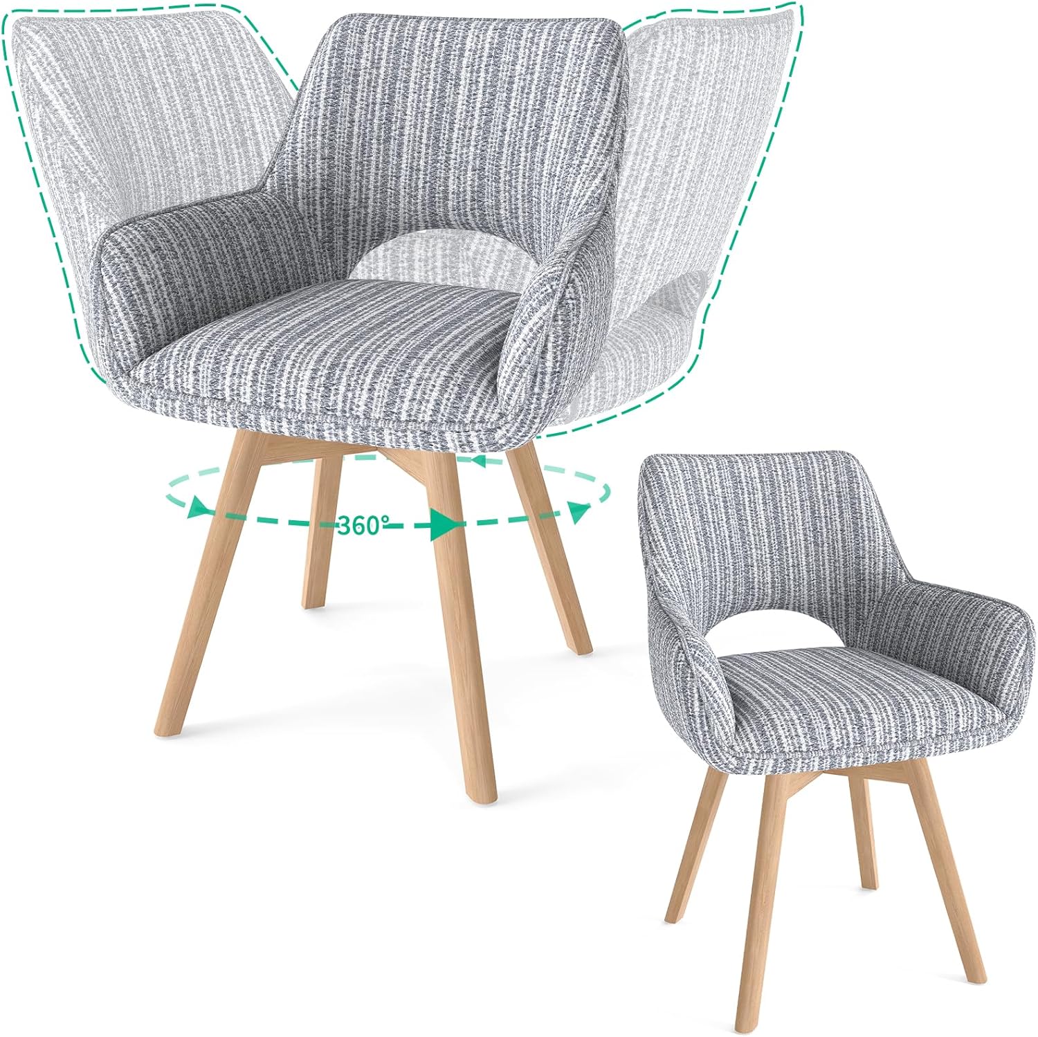 2er Set Esszimmerstuhl Drehbar mit Armlehne und Holzbeinen, 360° Drehbar, Moderner Polsterstuhl mit Stoffrückenlehne für Küche, Wohnzimmer, Schlafzimmer, Hellgrau