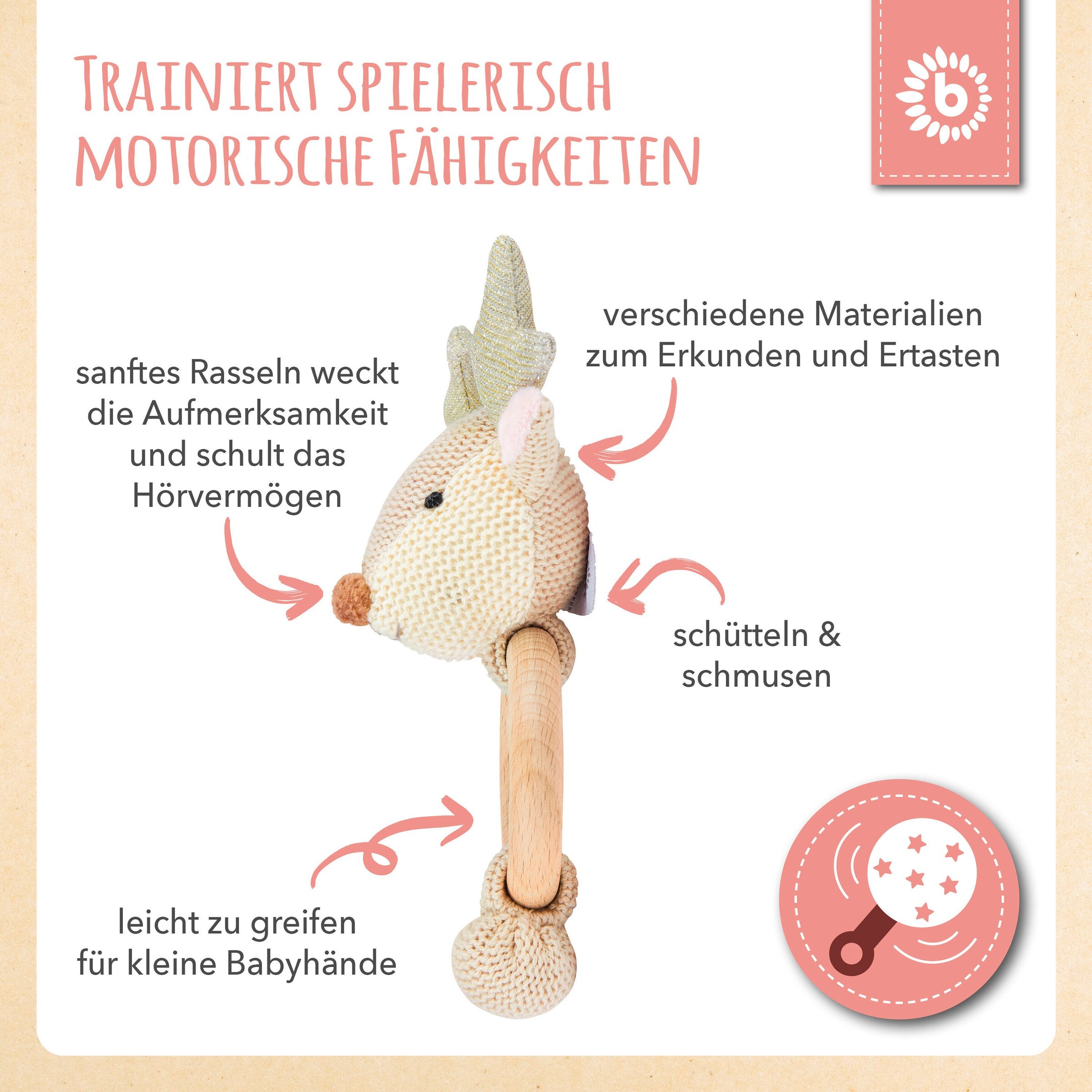 Bieco Greifling Rassel Holz Natur und Baumwolle Reh - ab Geburt Beige
