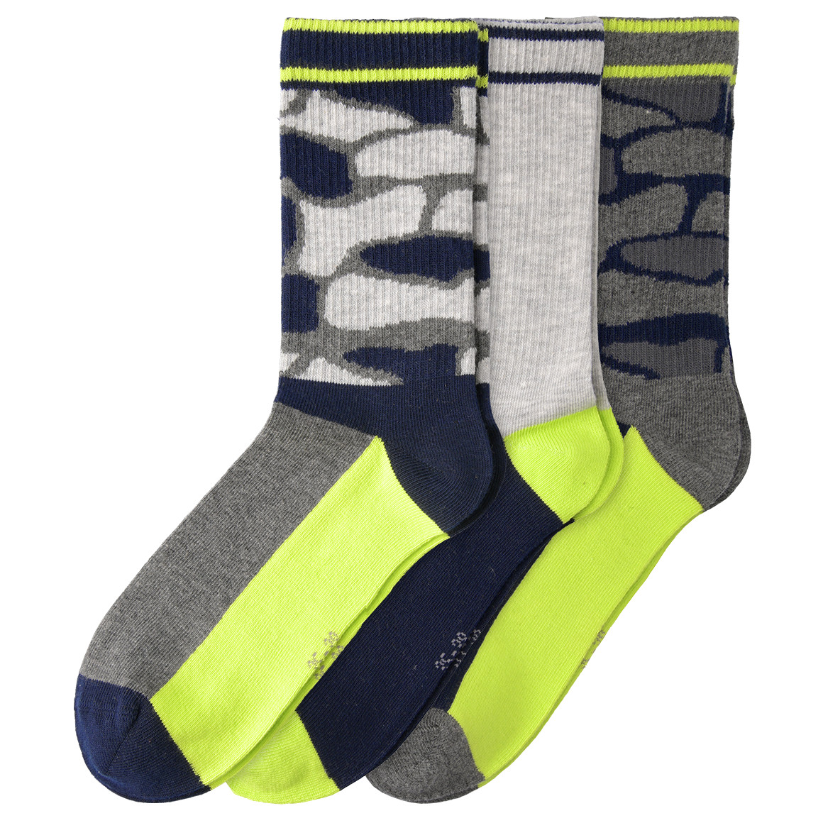 Yigga 3 Paar Jungen Socken in Camouflage-Optik dunkelgrau / hellgrau / neongrün