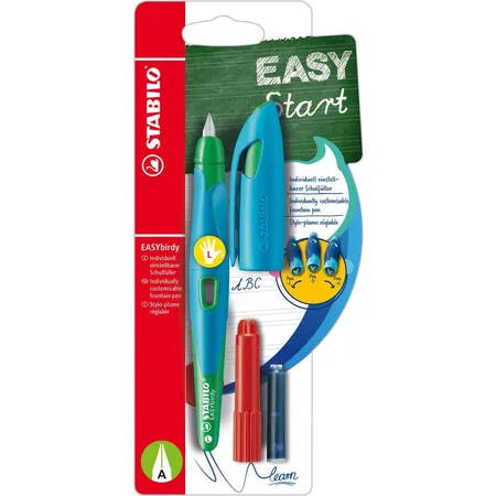 Ergonomischer Schulfüller für Linkshänder mit Anfänger-Feder A - STABILO EASYbirdy in himmelblau/grasgrün - Einzelstift - inklusive Patrone und Einstellwerkzeug - Schreibfarbe blau (löschbar)