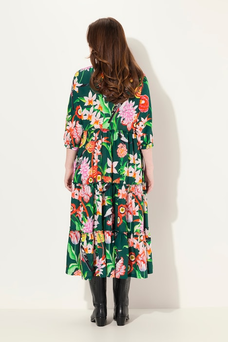 Maxikleid, Stehkragen, V-Ausschnitt, 3/4-Arm, Knöpfe