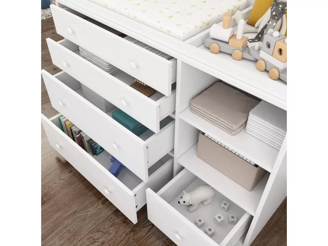 Commode à Langer chambre bébé avec 5 tiroirs et compartiment 120x50x91.5cm Blanche