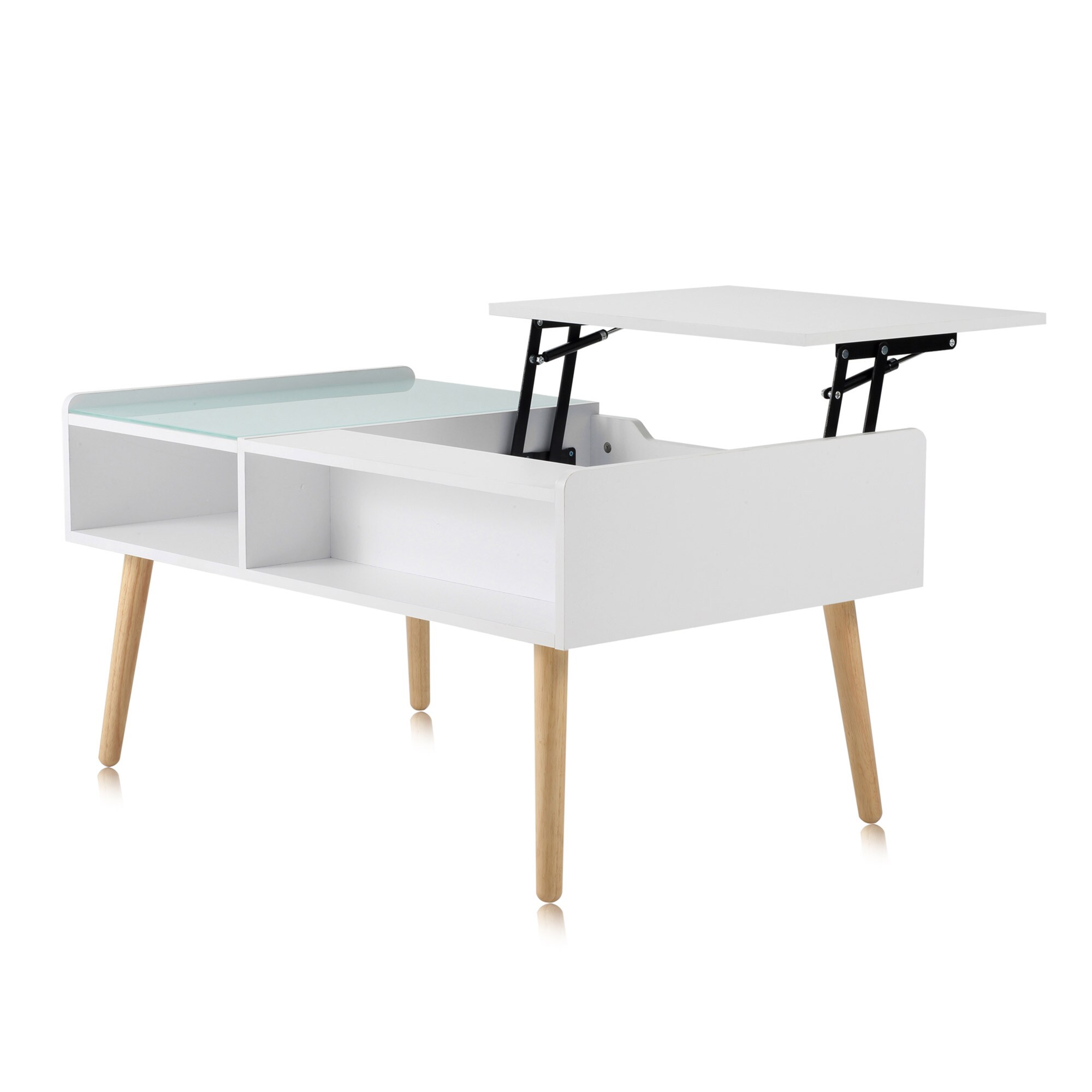 Makika Couchtisch / Wohnzimmertisch mit Glas ausziehbar mit verstecktem Fach in Weiß