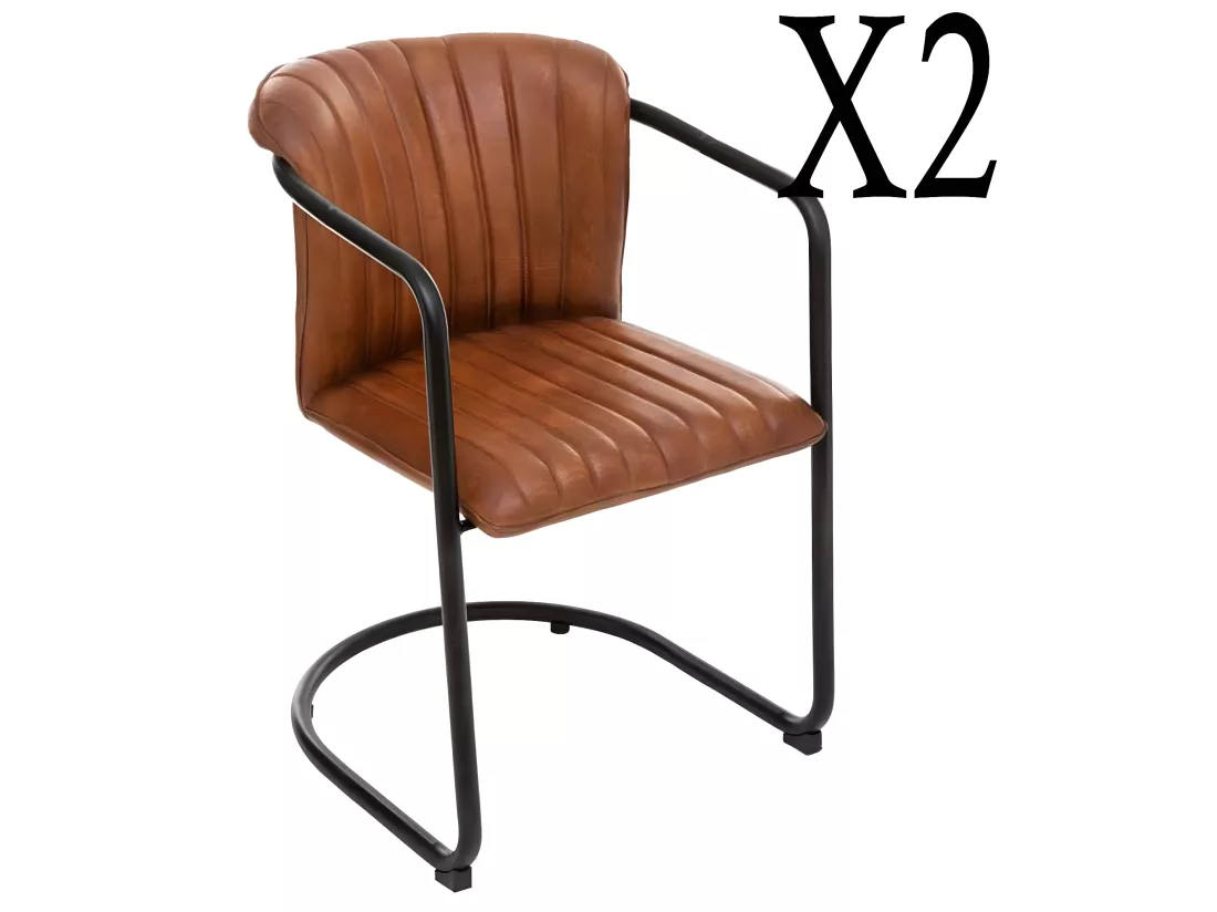 Lot de 2 fauteuils en cuir coloris cognac - Longueur 52 x Profondeur 62 x Hauteur 77,5 cm