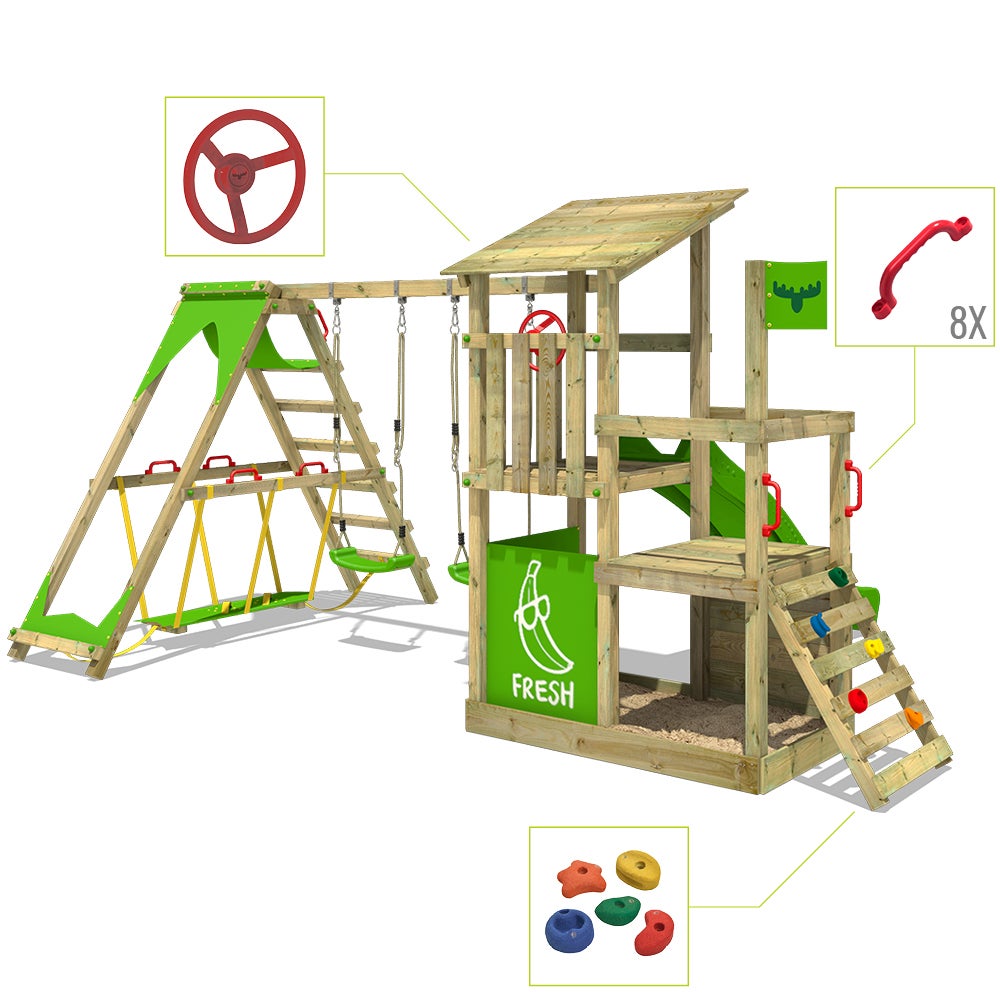 FATMOOSE FruityForest Speeltoren Klimrek met Surfswing Schommel en Glijbaan, Klimtoren met Zandbak, Ladder en Speelaccessoires – Rood