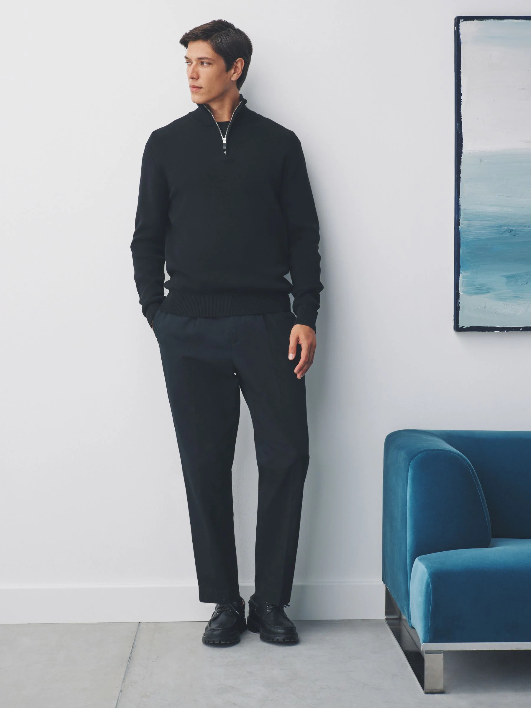Zwart - Effen - Regular fit 100% katoenen premium trui met korte rits