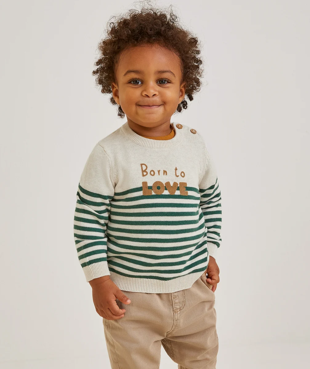 PULL EN TRICOT BÉBÉ GARÇON À RAYURES VERTES MESSAGE BORN TO LOVE