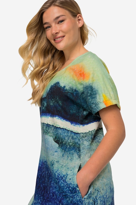 Leinenmix-Kleid, A-Line, Landschafts-Print, Rundhals, Halbarm