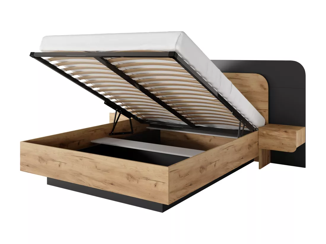 Lit coffre avec chevets 160 x 200 cm - Avec LEDs - Coloris : Naturel et anthracite - DESADO