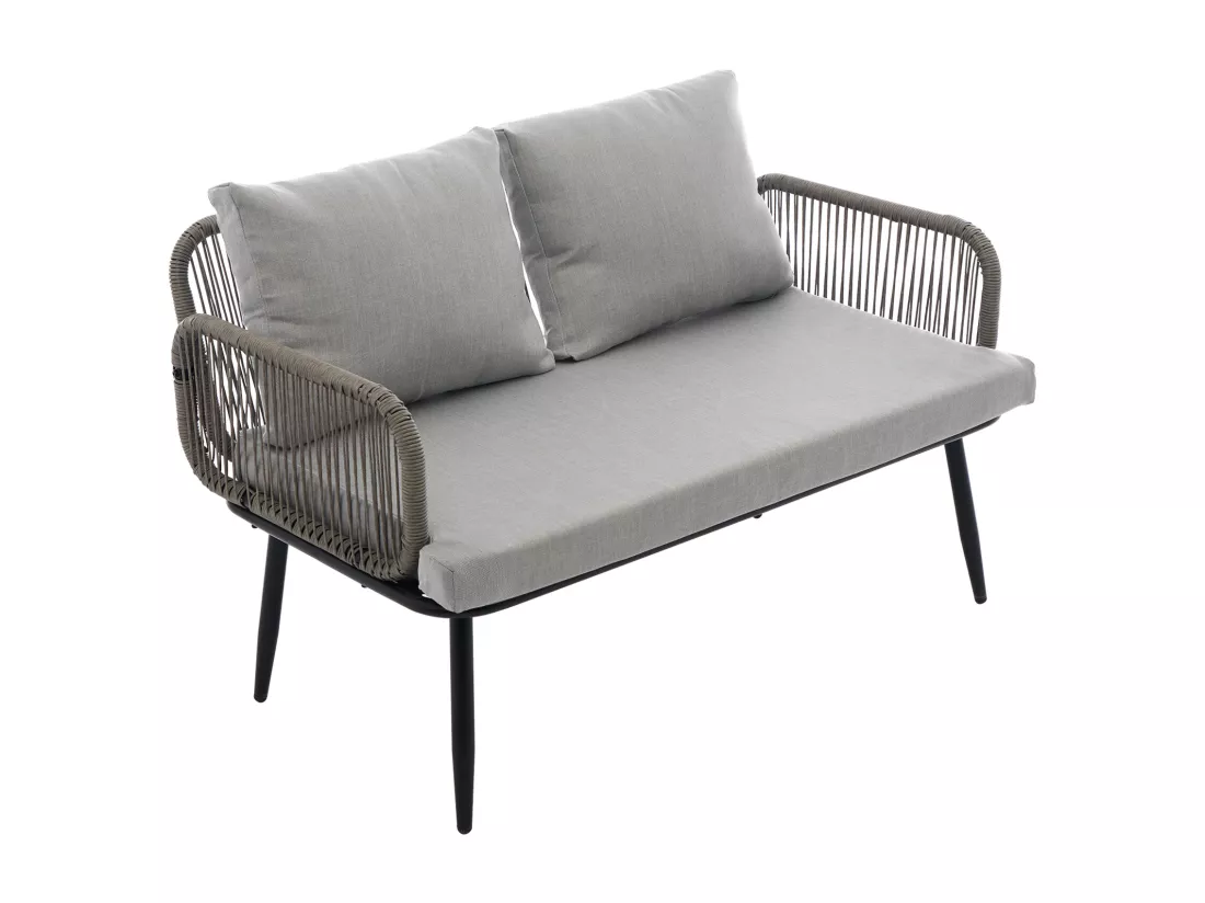 Salon de jardin 4 places - Ensemble de meubles de jardin, canapé + tables basse + 2 fauteuils, tissage en corde épaisse, gris