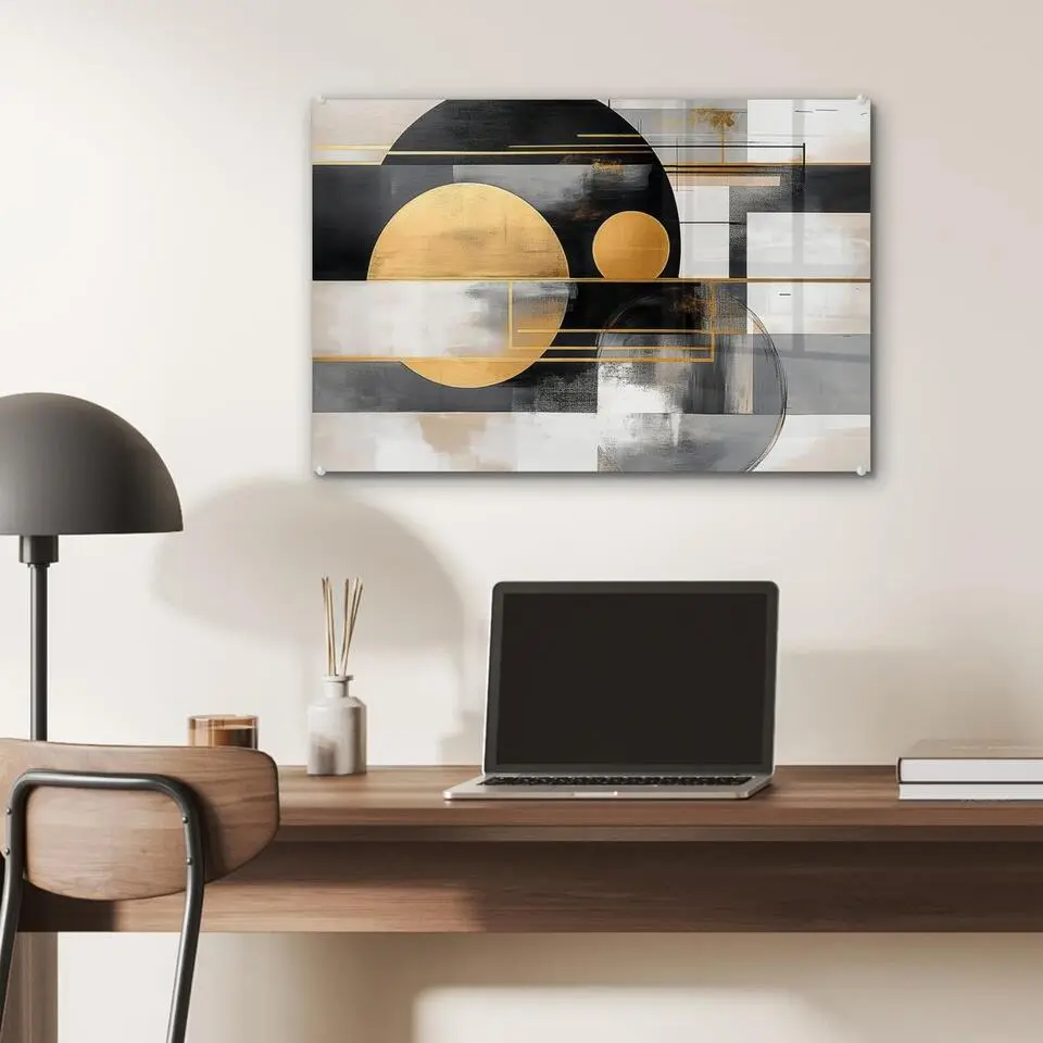 MuchoWow Glasschilderij 60x40cm Abstract Goud Zilver Vormen