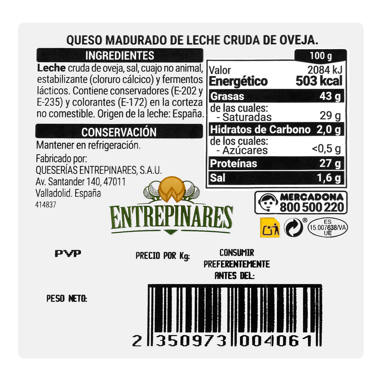 Fromage de brebis affiné à sec Hacendado