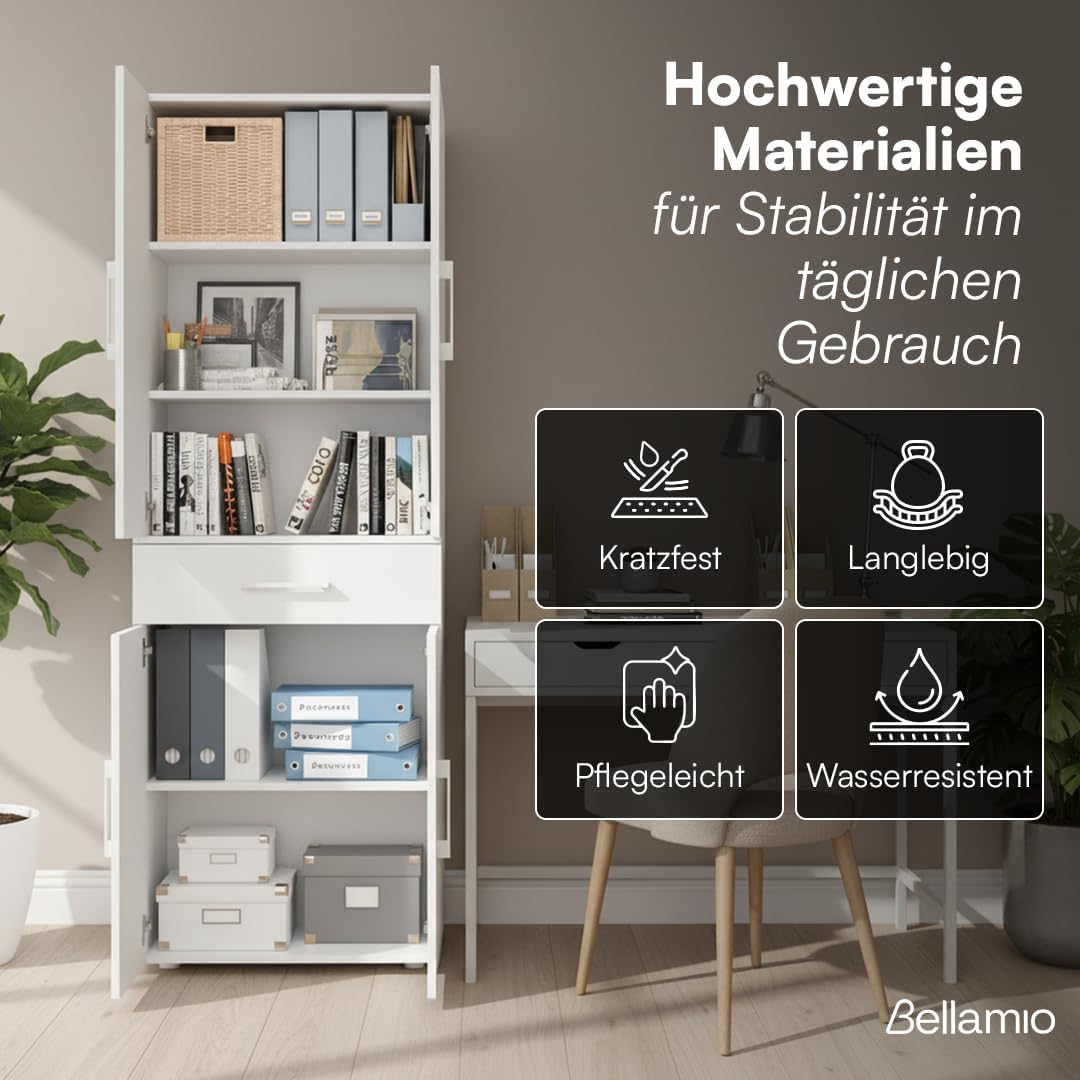 Bellamio Apol Mehrzweckschrank Weiß – Aktenschrank 60 cm breit – Hochschrank aus Holz – Aufbewahrungsschrank mit 5 Fächern & 1 Schublade – Büroschrank, Flurschrank, Allzweckschrank, Schuhschrank
