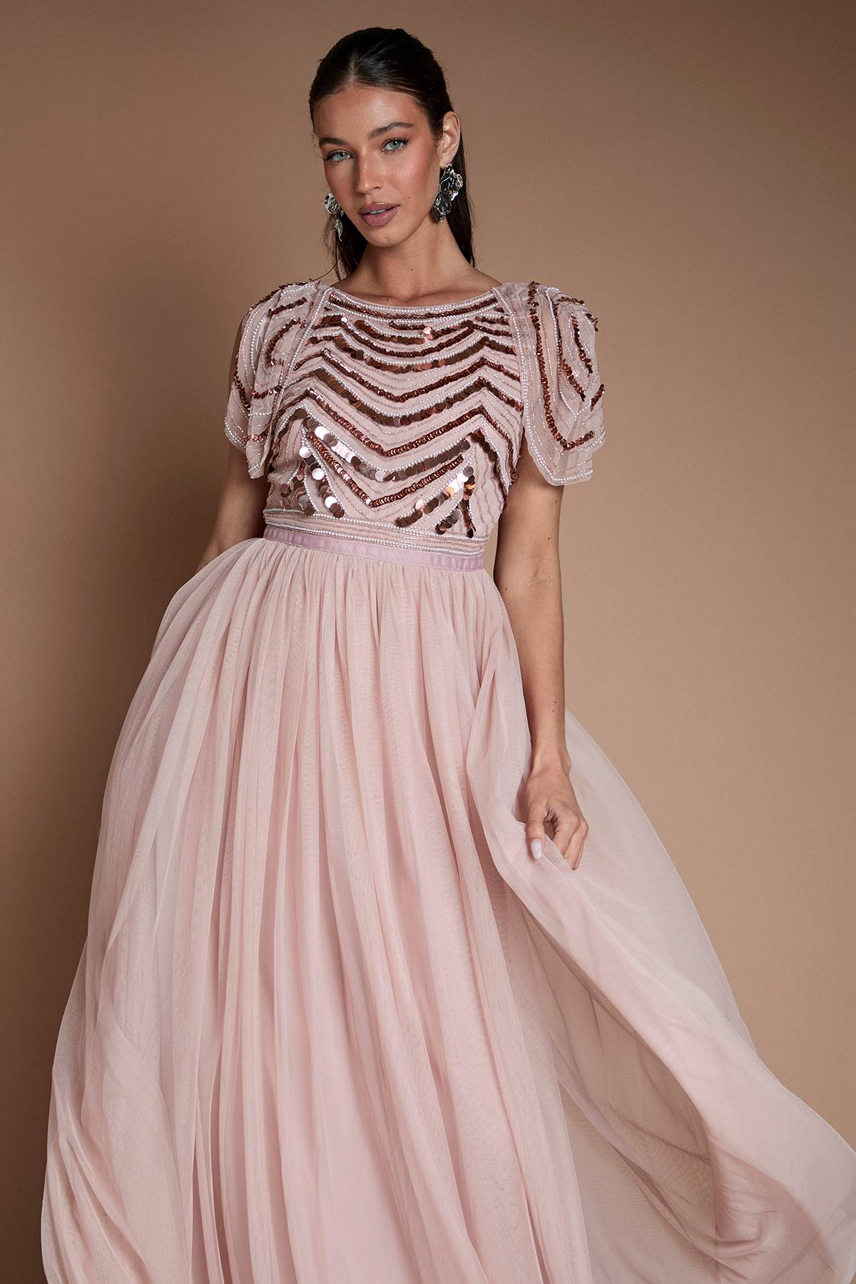 Coast Robe De Demoiselle D'honneur Midi À Paillettes Avec Manches Drapées