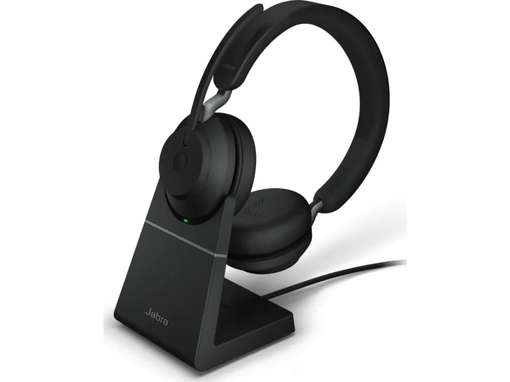 Jabra Evolve2 65 MS Stereo - Headset - på øret - Bluetooth - trådløs - USB-A - støjisolerende - sort - med opladningsstander - Certified for Microsoft Teams