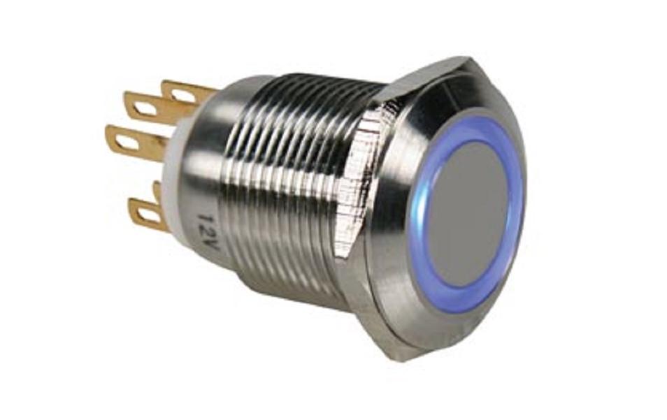 Drucktaster Edelstahl 19 mm mit blauer RingbeleuchtungBeleuchteter Taster
