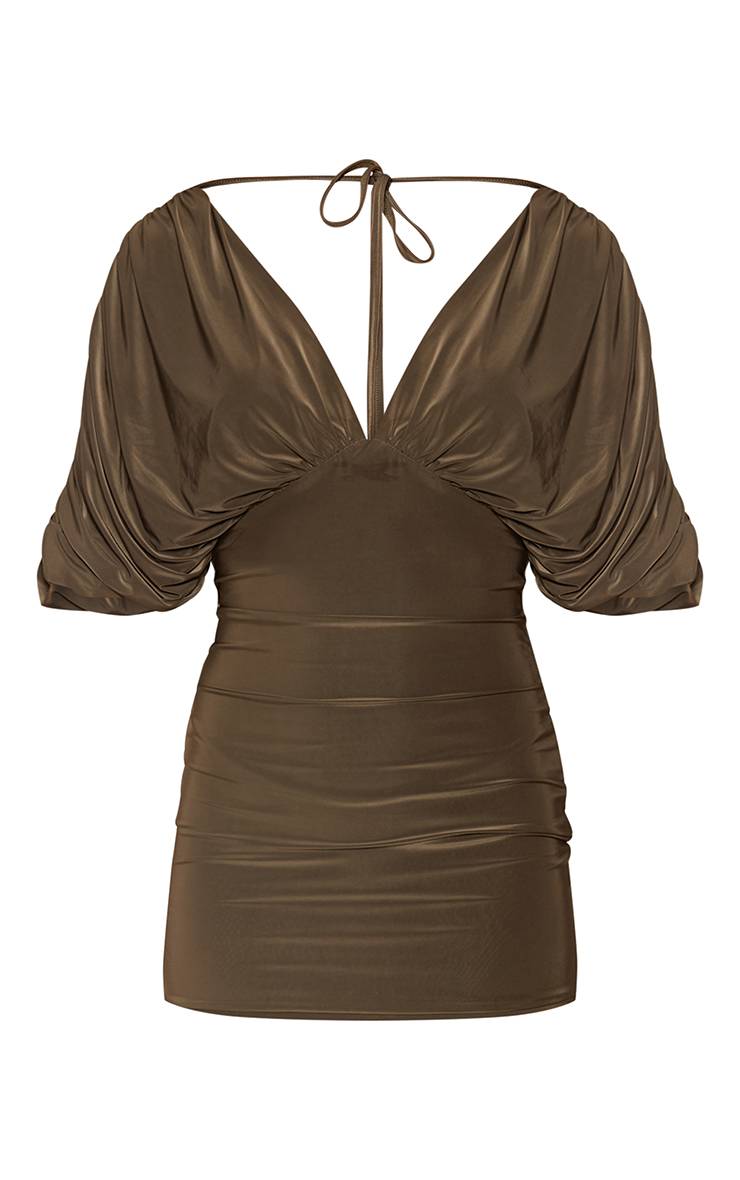 Vert Olive Robe Courte Petite À Décolleté En V Et Manches Froncées Extrêmes