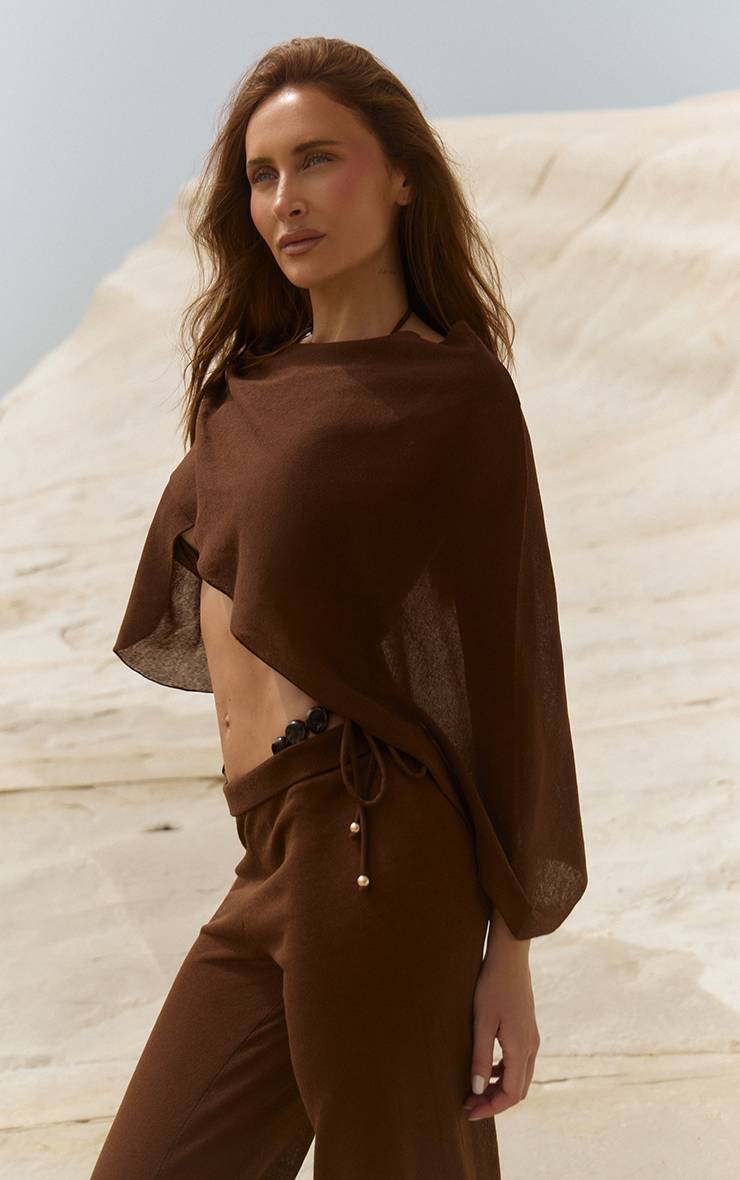 Chocolat Haut Poncho Drapé En Maille Transparente