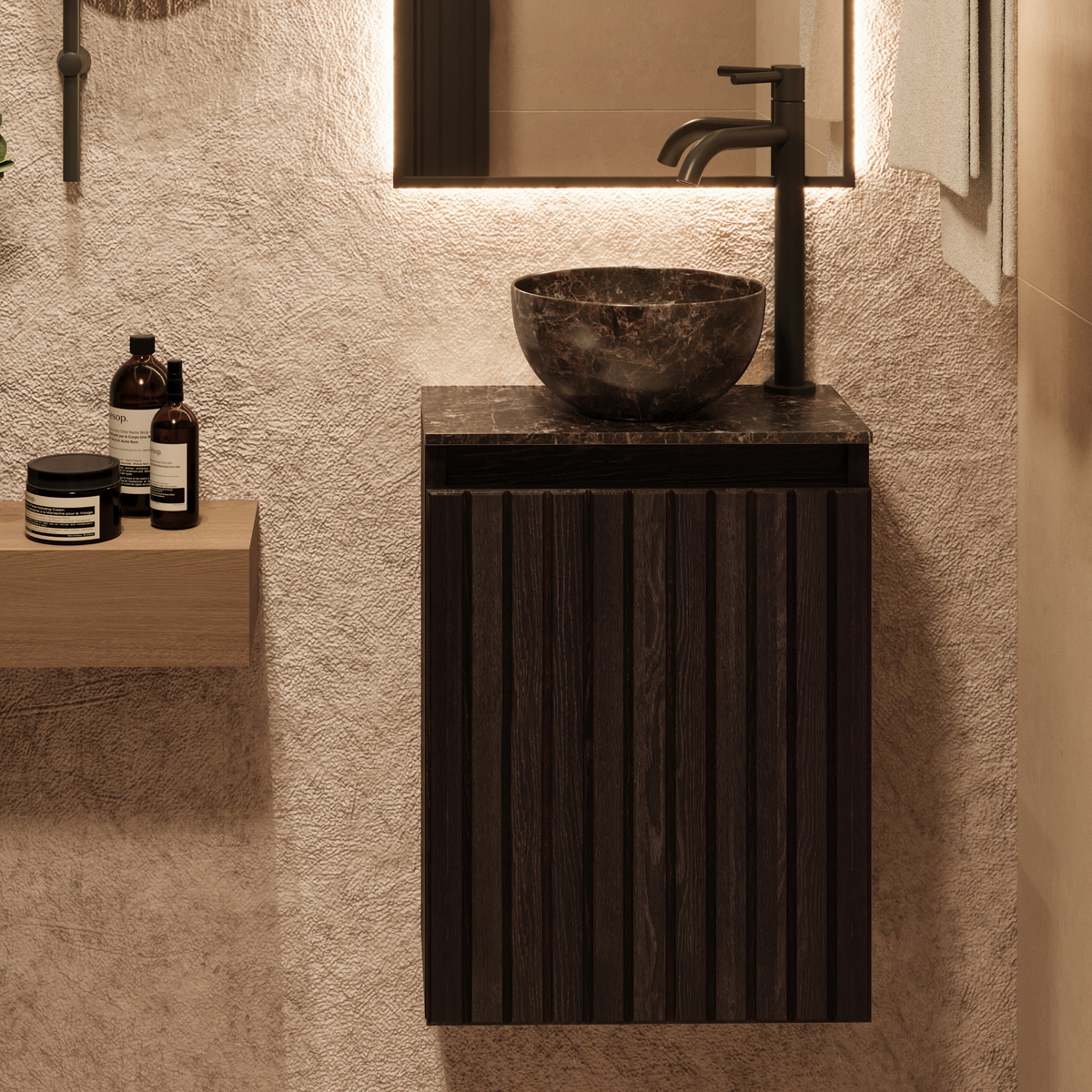 Fontana Dark Emperador Micro Marble toiletmeubel met ribbelfront 40cm kasteel bruin
