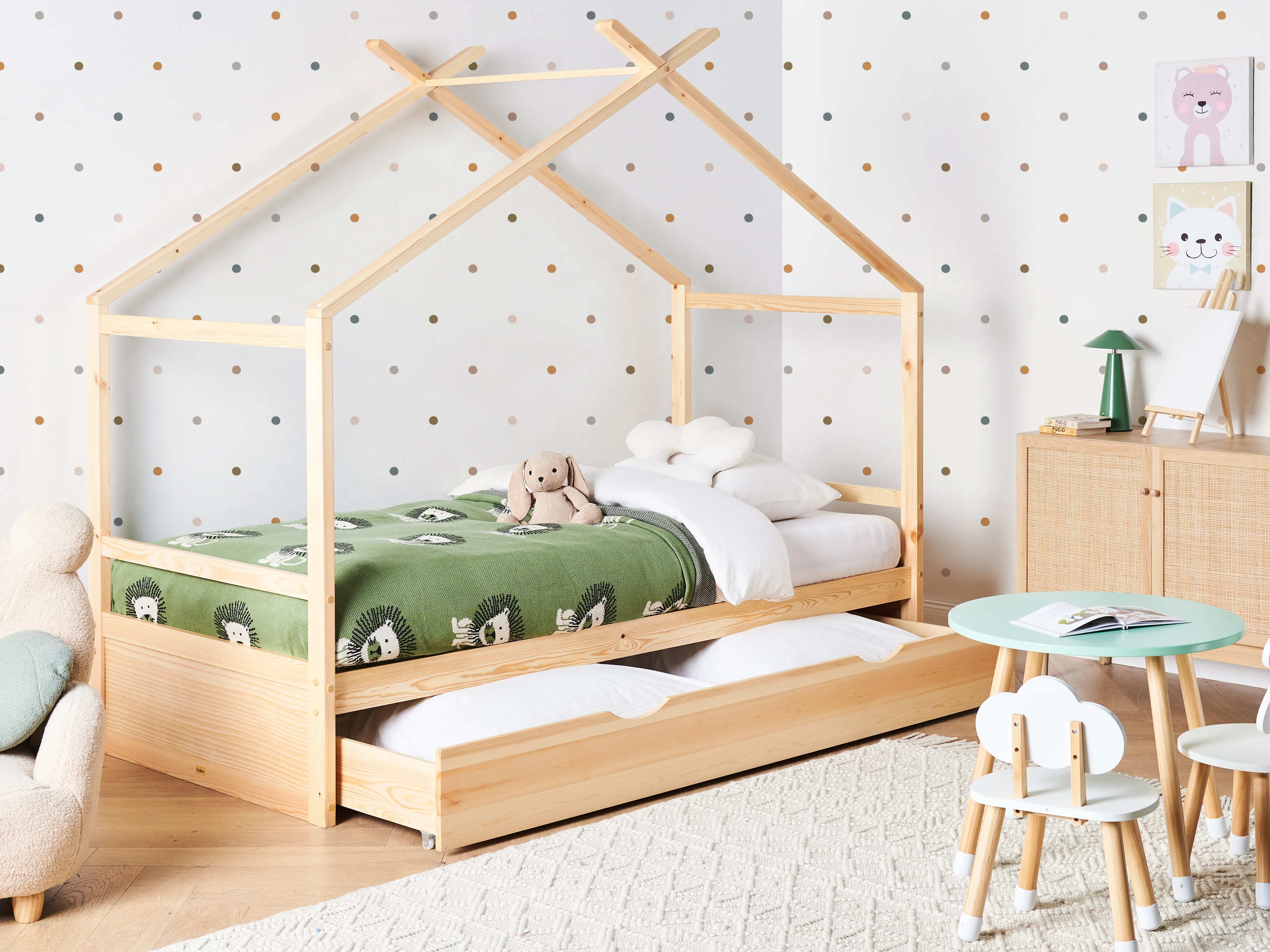 Kinderbed Huis Dennenhout ORGEVAL 90 x 200 cm met opbergruimte Lichtbruin