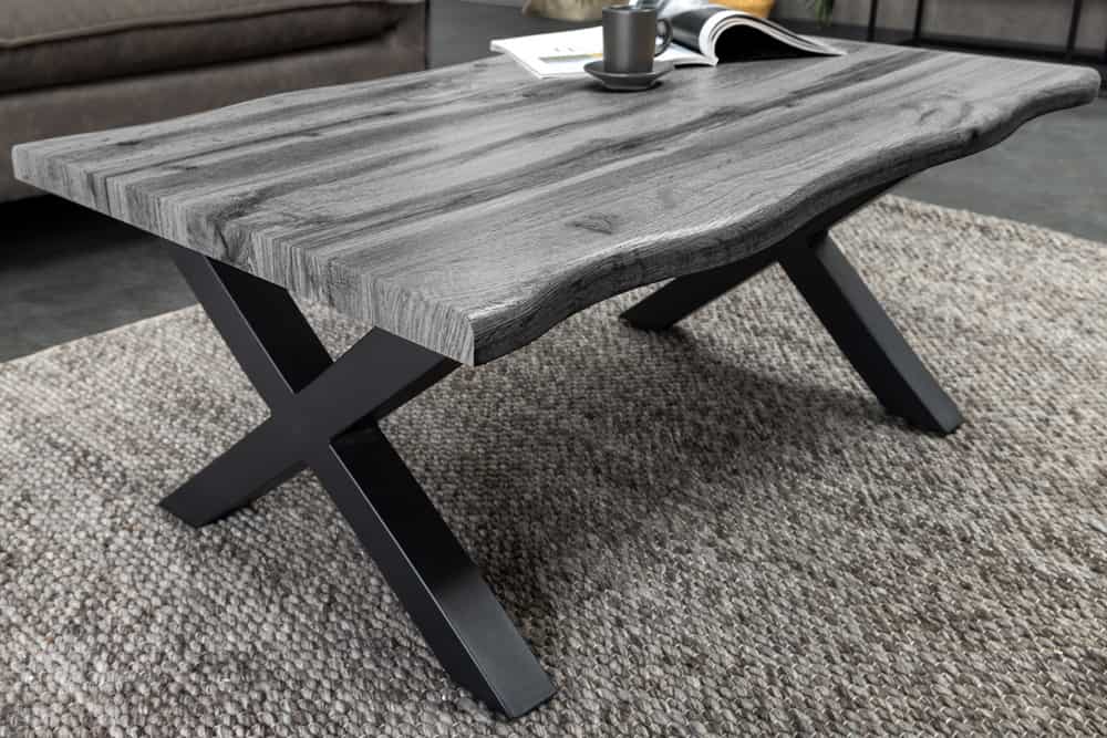 Industrial Couchtisch WILD 90cm grau Wildeichen-Design schwarz Metall Baumkante