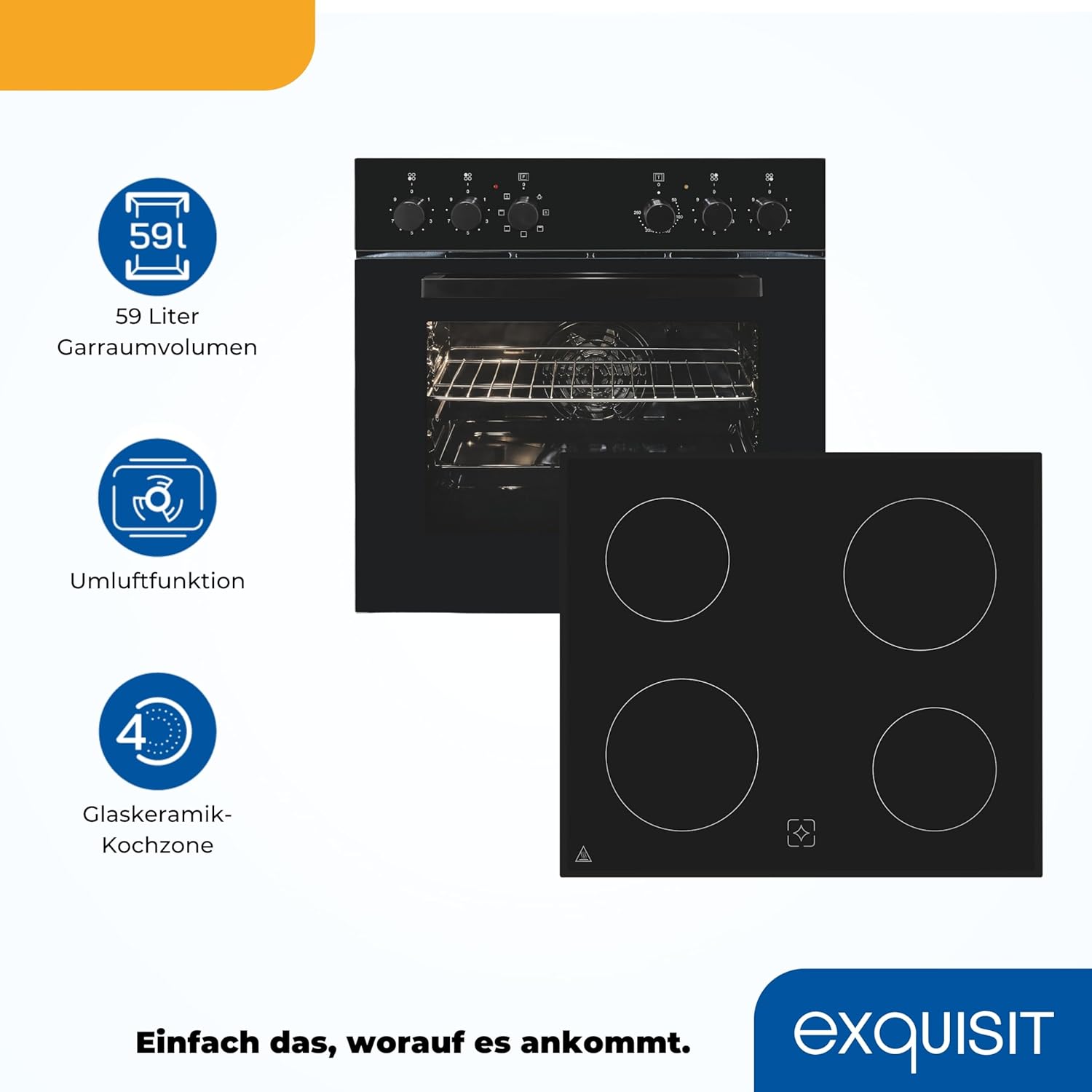 Exquisit Herd-Set EHE256-U-020-Set schwarz | EEK: A | 59,0 l Garraum | Glaskeramik Kochfeld | Herd-Set 60 cm