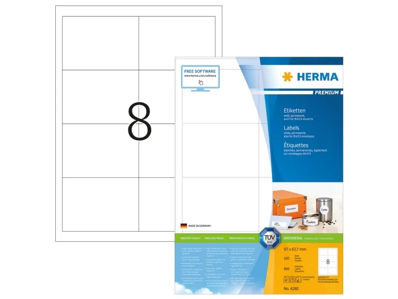 HERMA Premium - Papir - mat - permanent selvklæbende - hvid - 97 x 67.7 mm 800 etikette(r) (100 ark x 8) laminerede etiketter